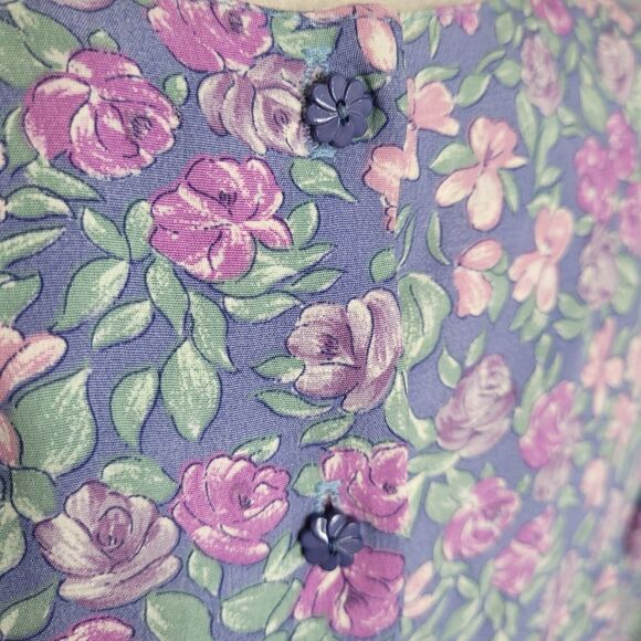 VINTAGE 70s dress blue floral puff‎ sleeve button back rayon S - Picture 4 of 10
